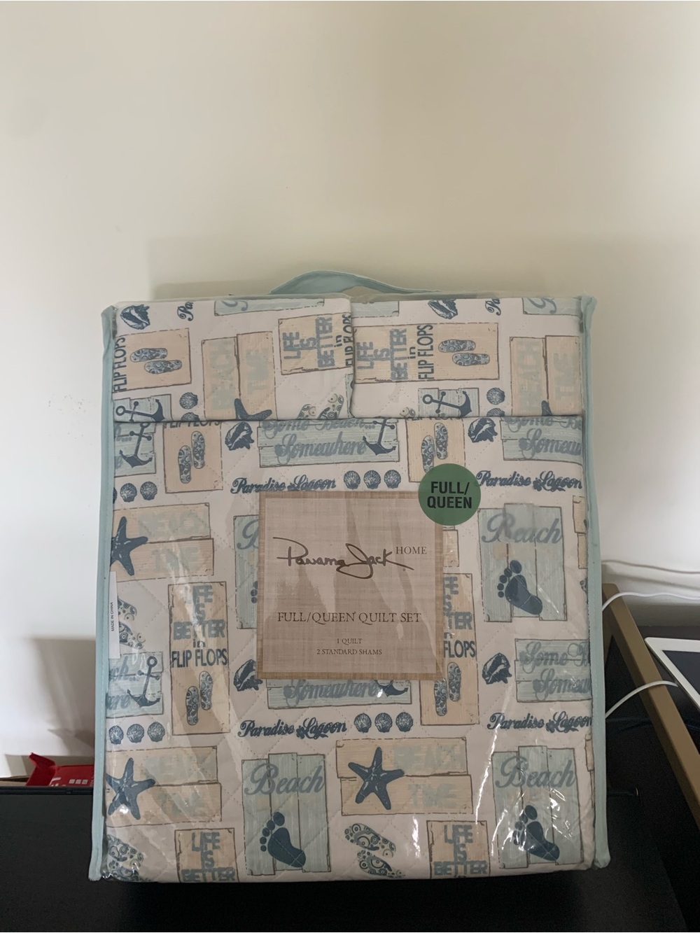 Panama Jack Home Full/Queen Quilt Set in Beach Print - Light Blue & Cream 1Quilt